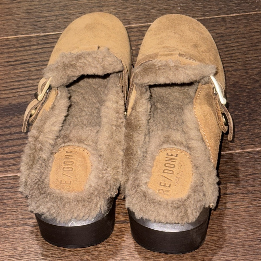 Re/Done Women’s Brown Suede and Shearling Clogs Size 37/7