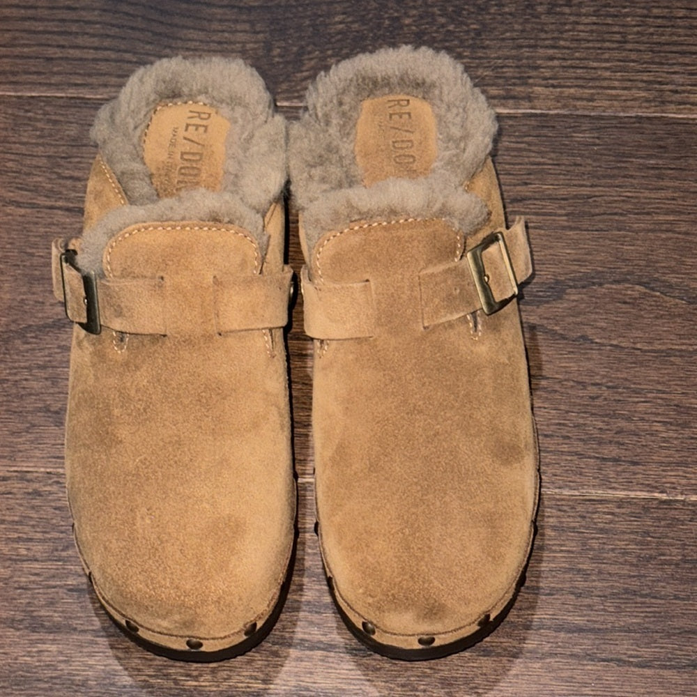 Re/Done Women’s Brown Suede and Shearling Clogs Size 37/7
