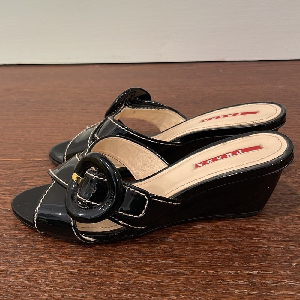 Prada Women’s Black Patent Leather Wedge Size 6