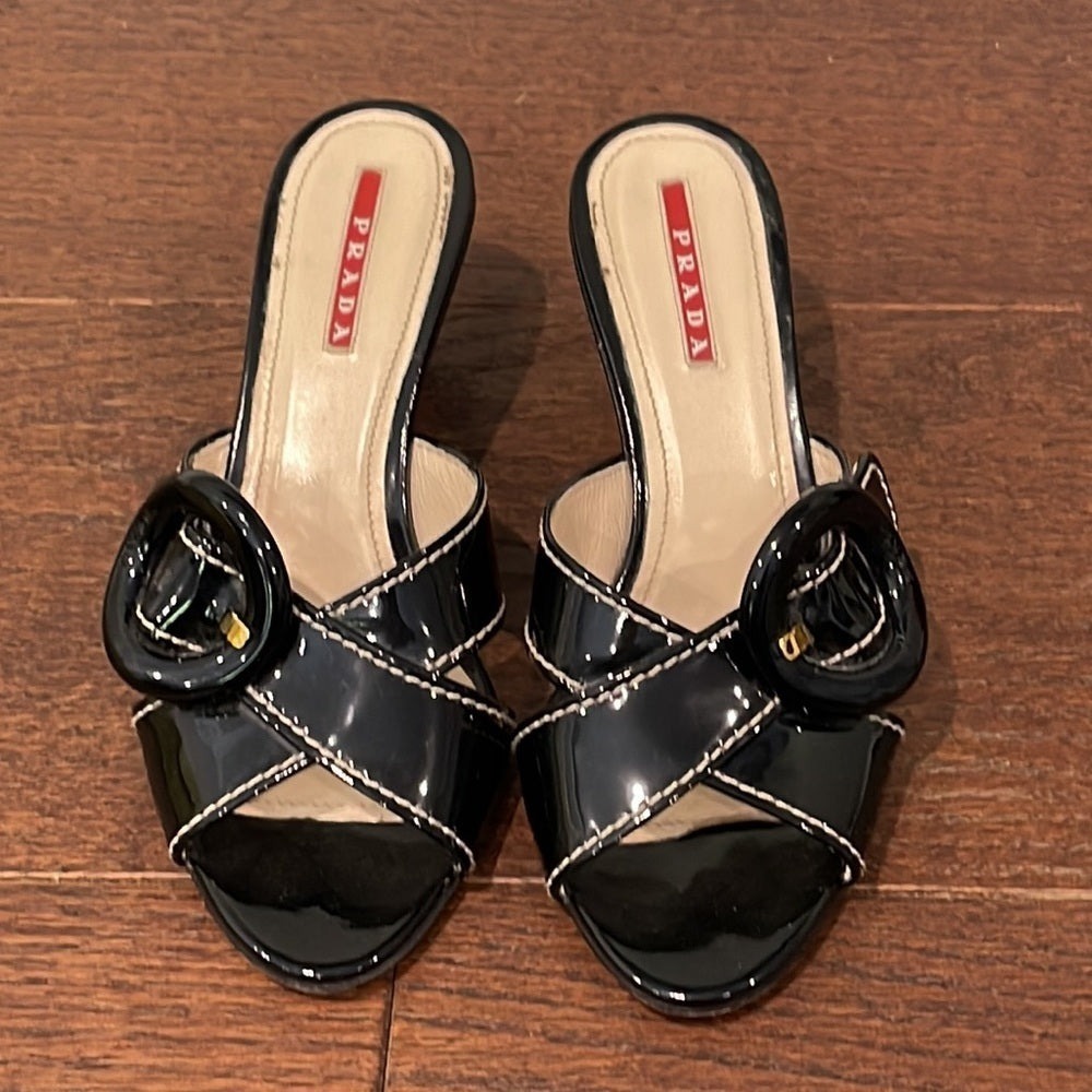 Prada Women’s Black Patent Leather Wedge Size 6