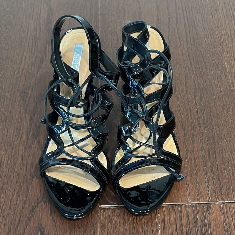 Schutz Black High Heel Patent Leather Sandals Size 8.5