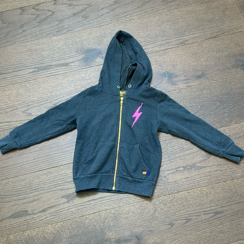 Aviator Nation Girls Dark Grey Pink Lightening Bolt Hooded Sweatshirt Size 4
