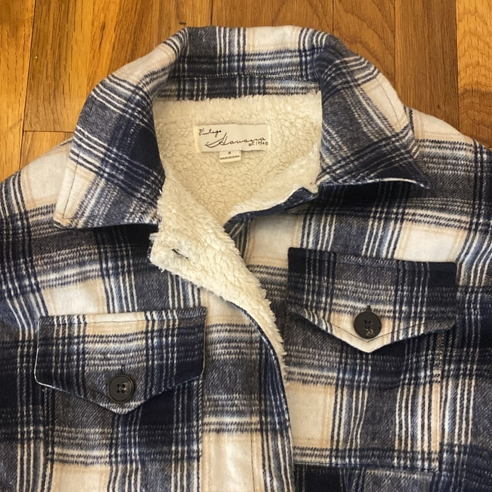 NWT Vintage Havana Blue and White Fur Lined Flannel Jacket Size S