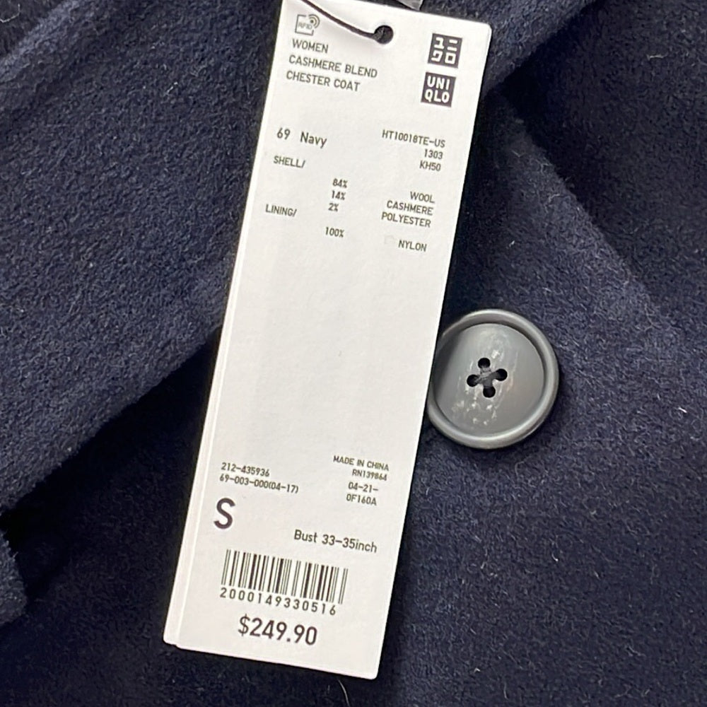 NWT UNIQLO X Jil Sander Women’s Navy Cashmere Blend Chester Coat Size Small