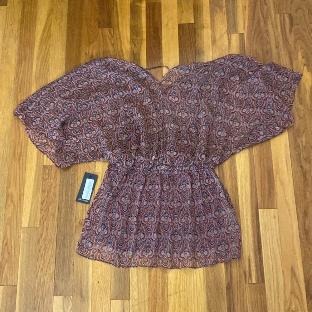 NWT Ella Moss Women’s Burgundy Printed V-Neck Blouse Size S