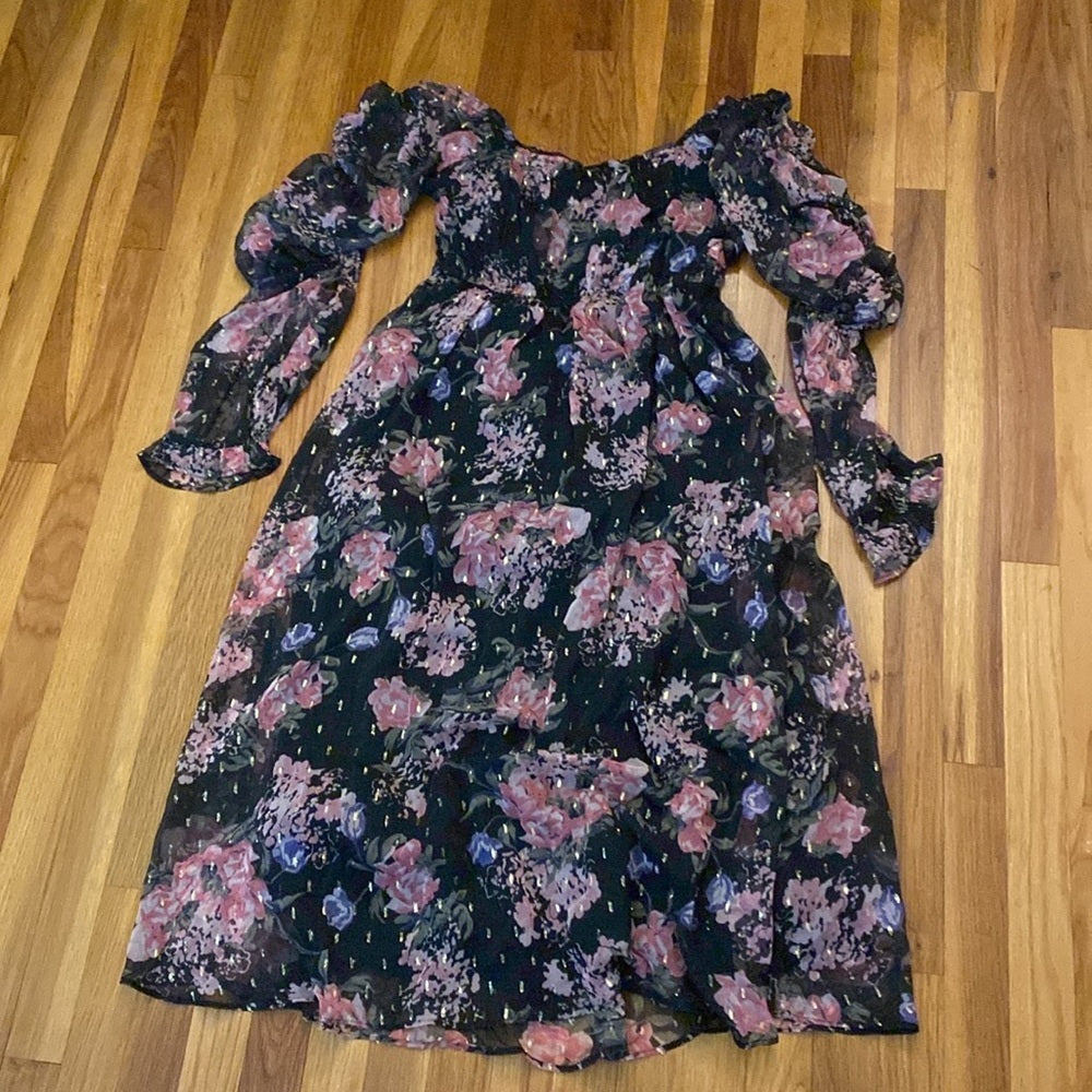 NWT Miss Selfridge Women’s Black and Pink Floral Printed Maxi Dress Size 10