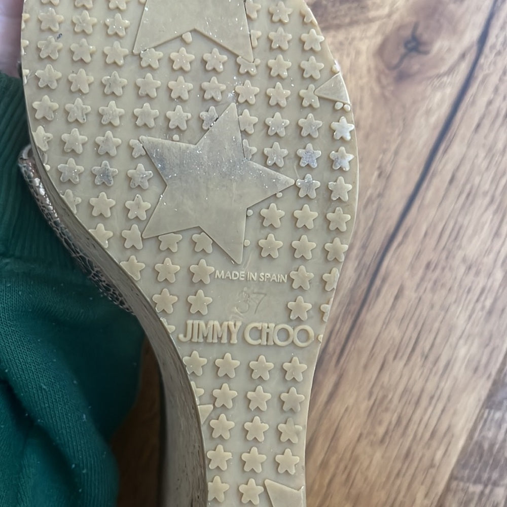 Jimmy Choo Woman’s Gold Metallic Printed Wedge Heels Size 37