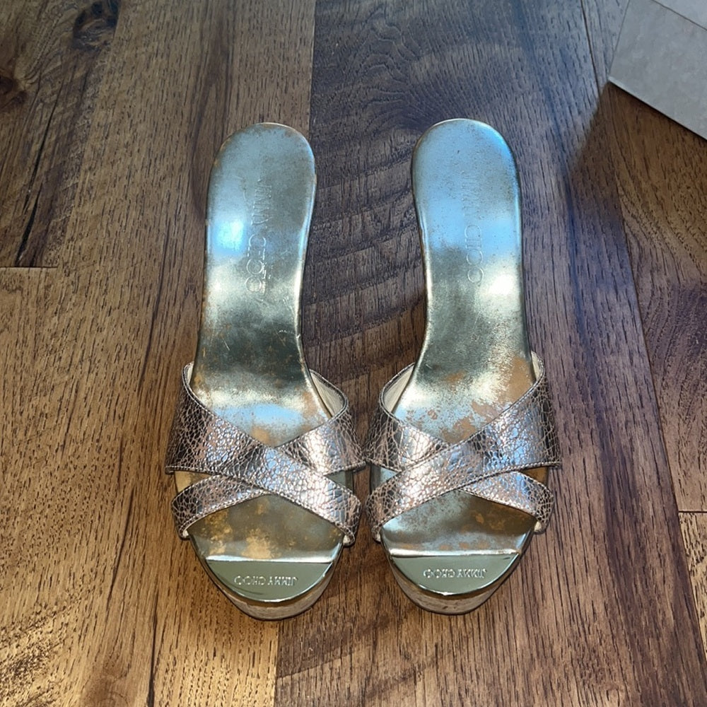 Jimmy Choo Woman’s Gold Metallic Printed Wedge Heels Size 37