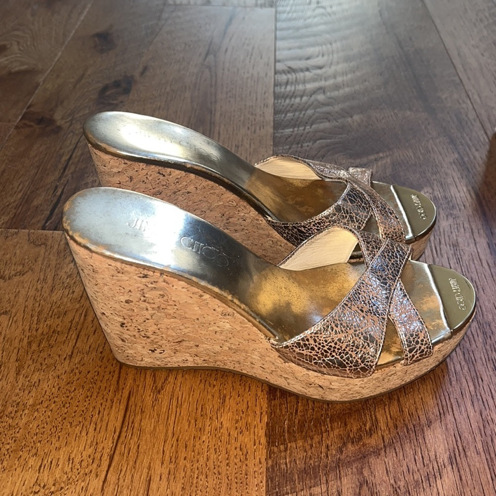 Jimmy Choo Woman’s Gold Metallic Printed Wedge Heels Size 37