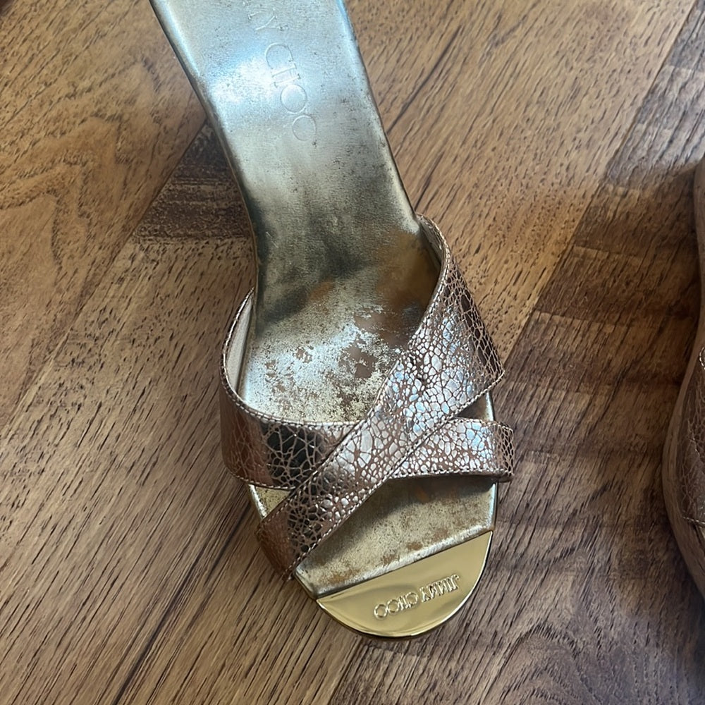 Jimmy Choo Woman’s Gold Metallic Printed Wedge Heels Size 37