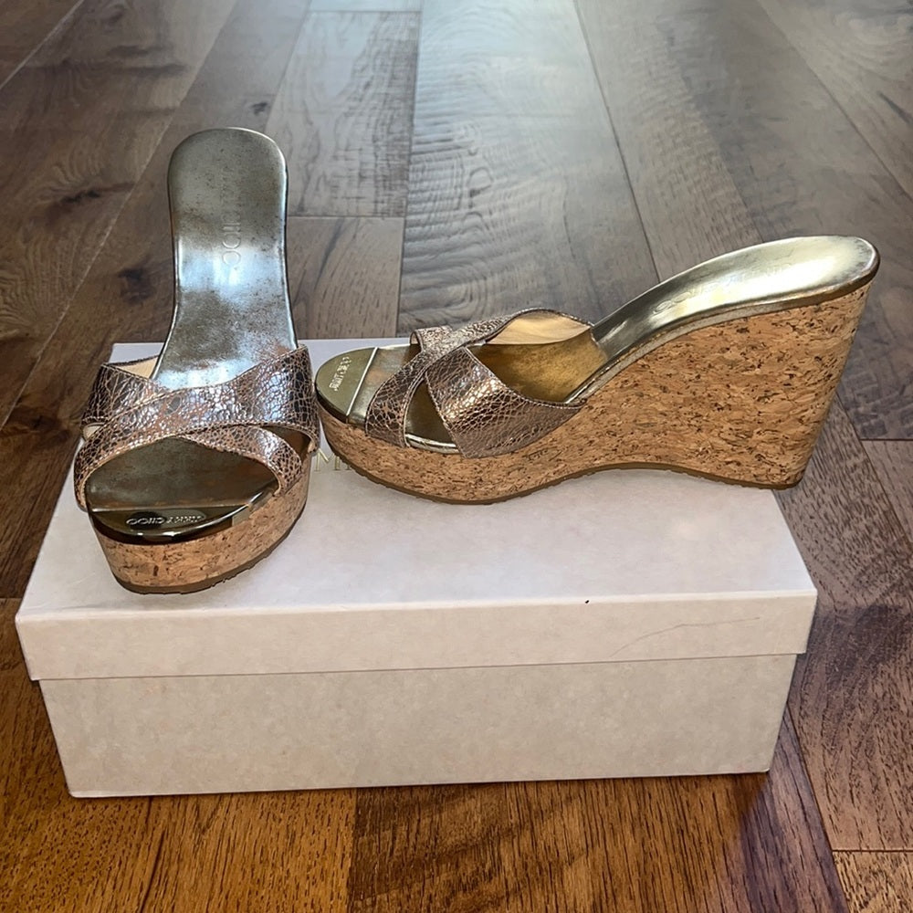 Jimmy Choo Woman’s Gold Metallic Printed Wedge Heels Size 37