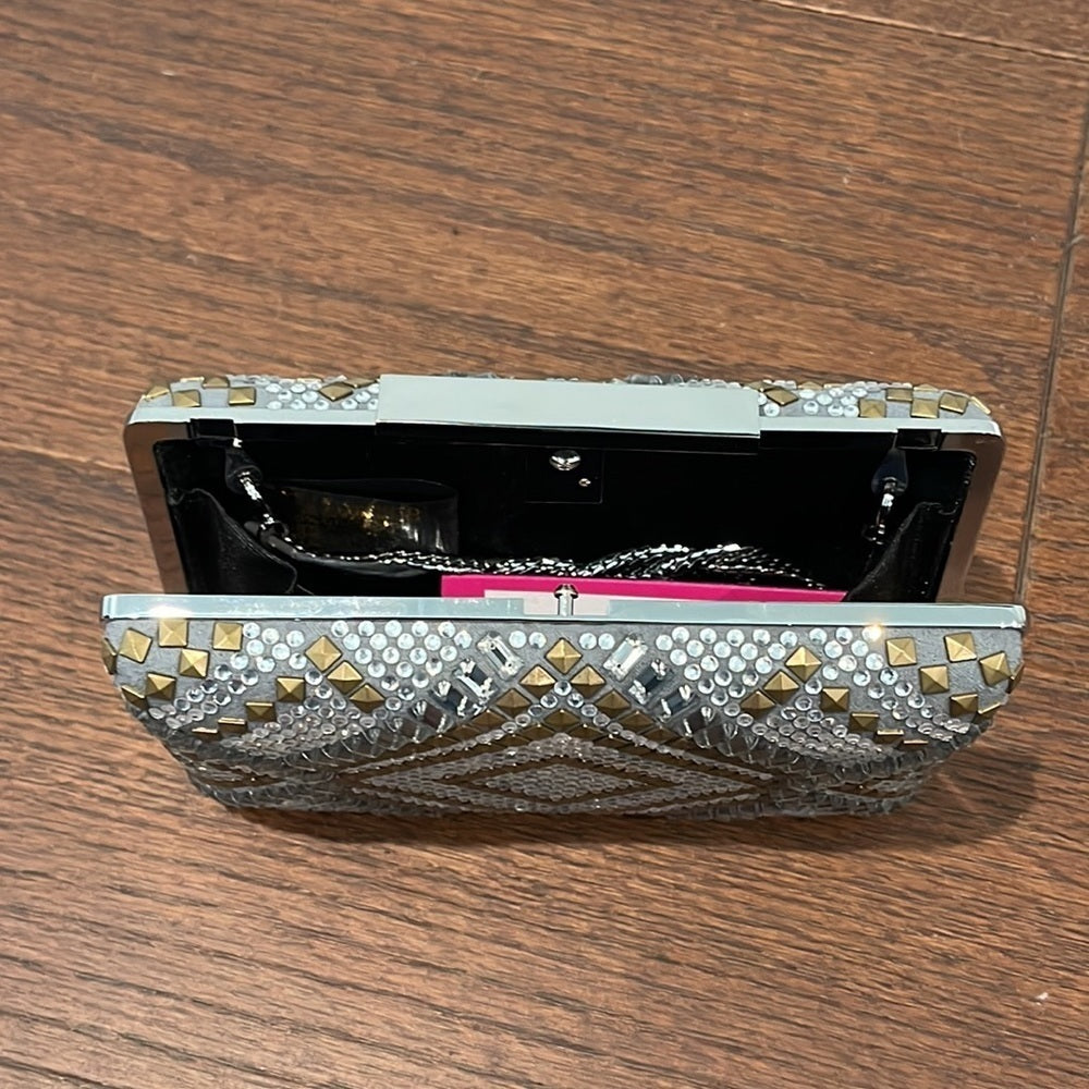 Nwt Vince Camuto Silver and Gold Rhinestone Clutch with Chain