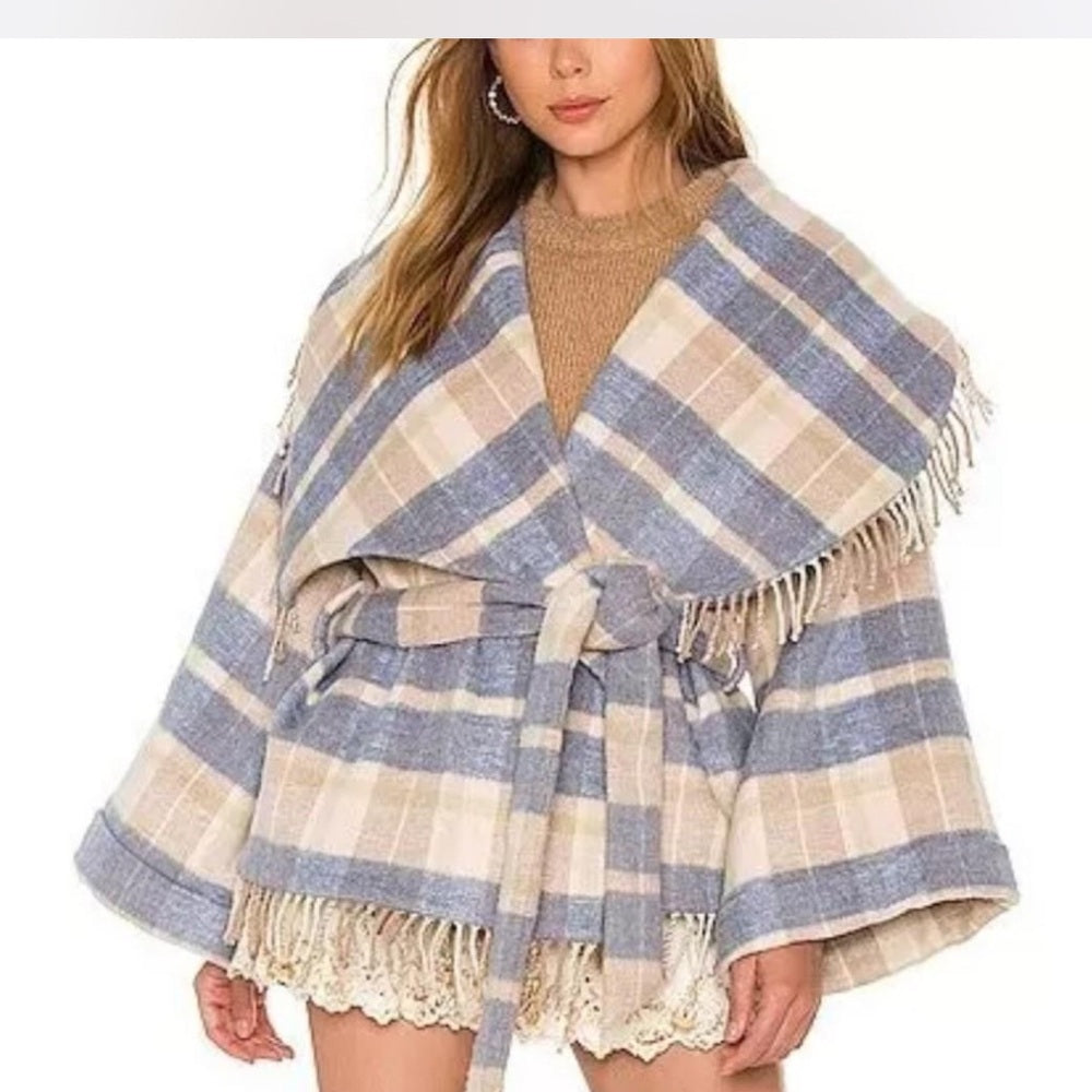 LoveShackFancy Woman’s Blue and Tan Plaid Jacket Size M/L