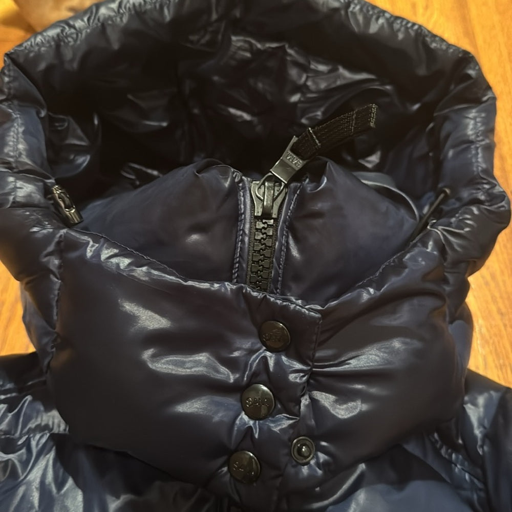 SAM Navy Long Puffer Jacket with Belt Women’s Size Small