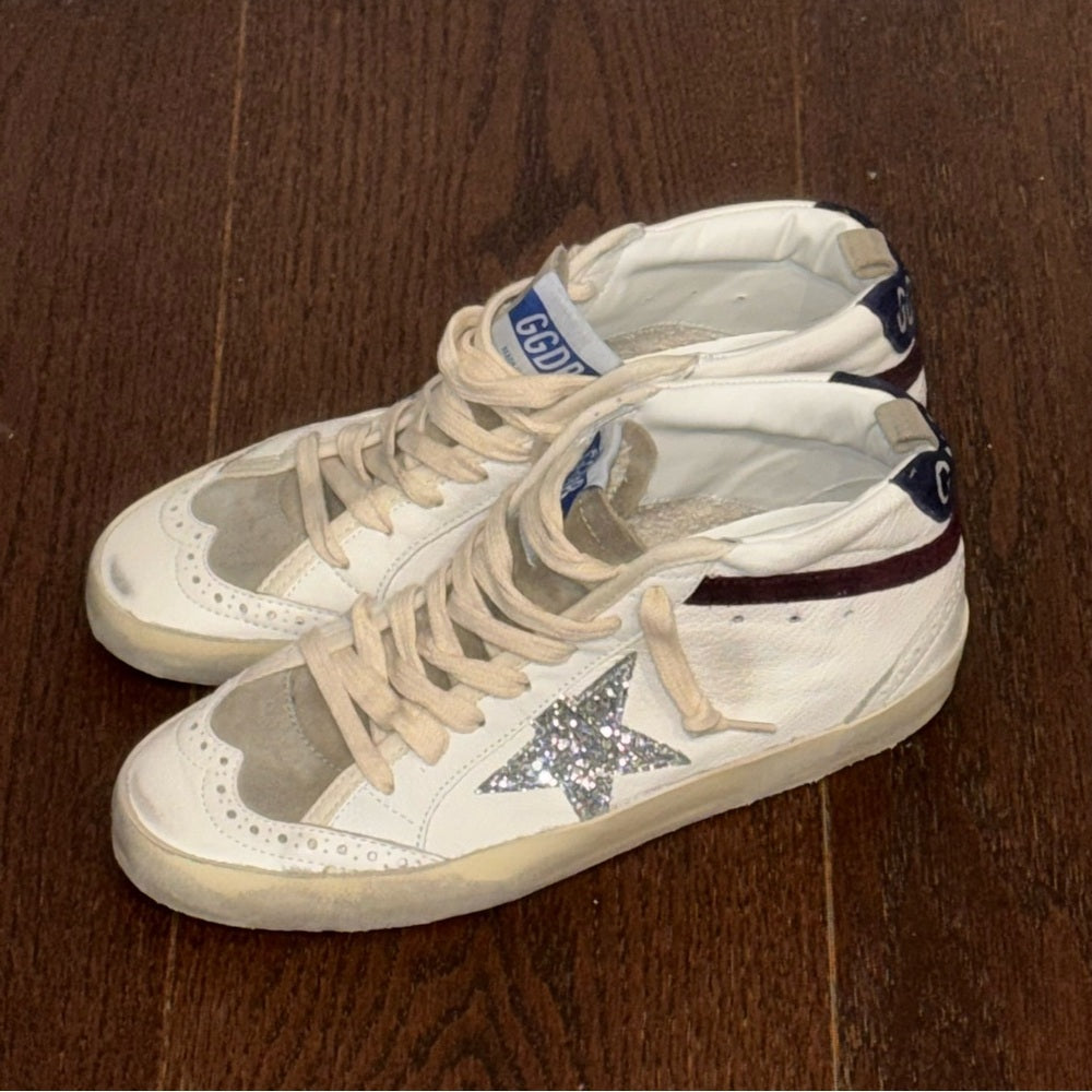 NWT Golden Goose MidStar Classic Sneakers Glitter Silver, White & Wine Size 38/8