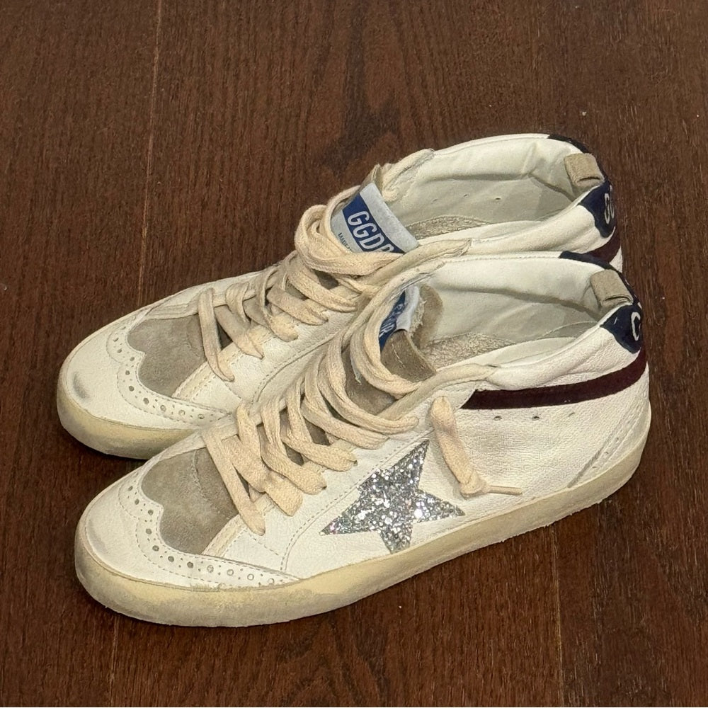 NWT Golden Goose MidStar Classic Sneakers Glitter Silver, White & Wine Size 38/8