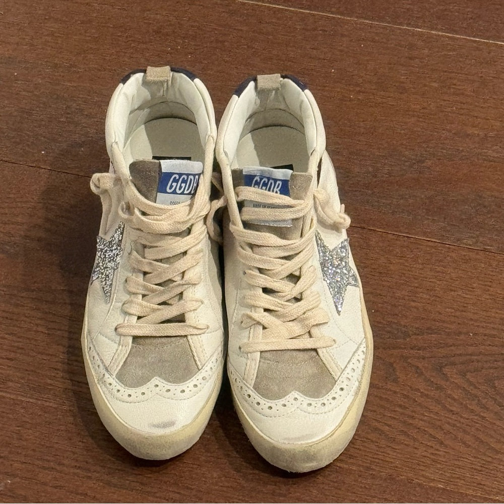 NWT Golden Goose MidStar Classic Sneakers Glitter Silver, White & Wine Size 38/8