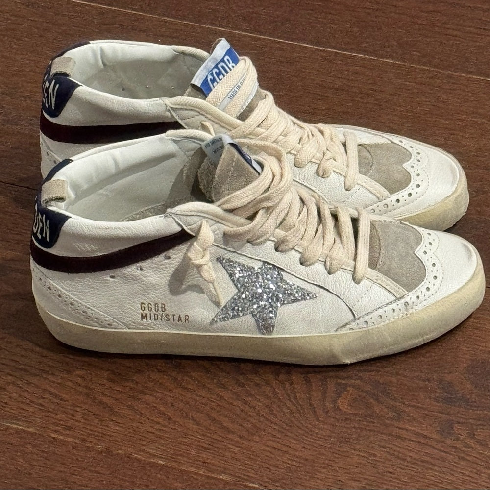 NWT Golden Goose MidStar Classic Sneakers Glitter Silver, White & Wine Size 38/8