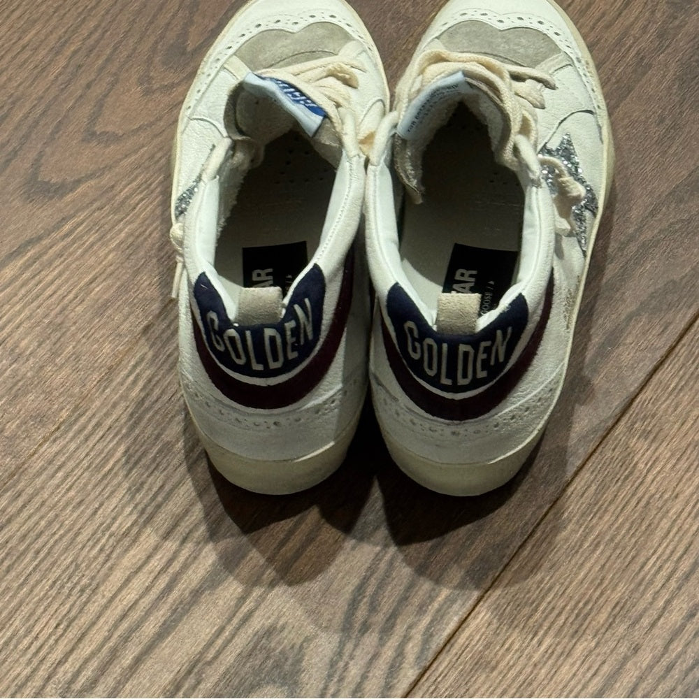 NWT Golden Goose MidStar Classic Sneakers Glitter Silver, White & Wine Size 38/8