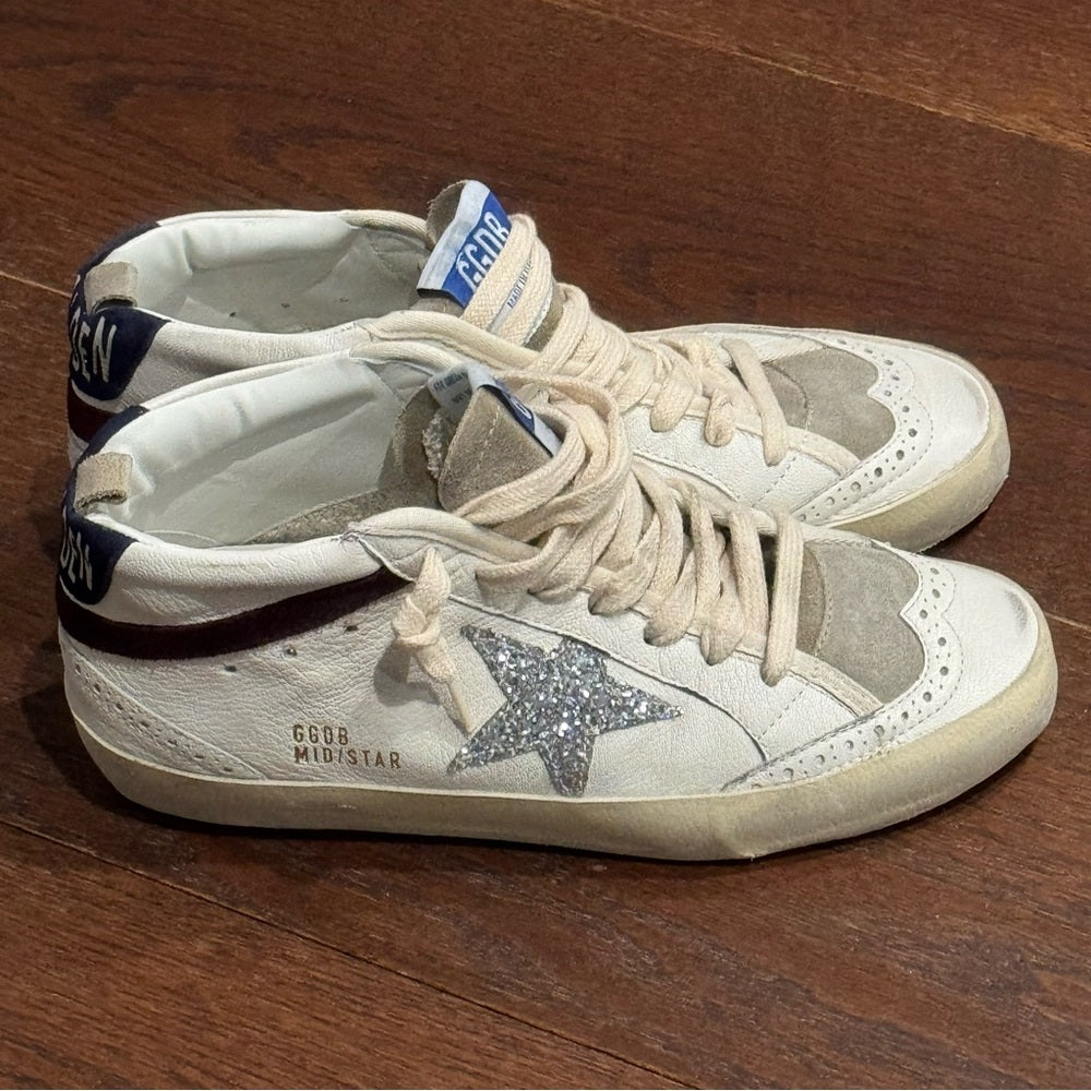 NWT Golden Goose MidStar Classic Sneakers Glitter Silver, White & Wine Size 38/8