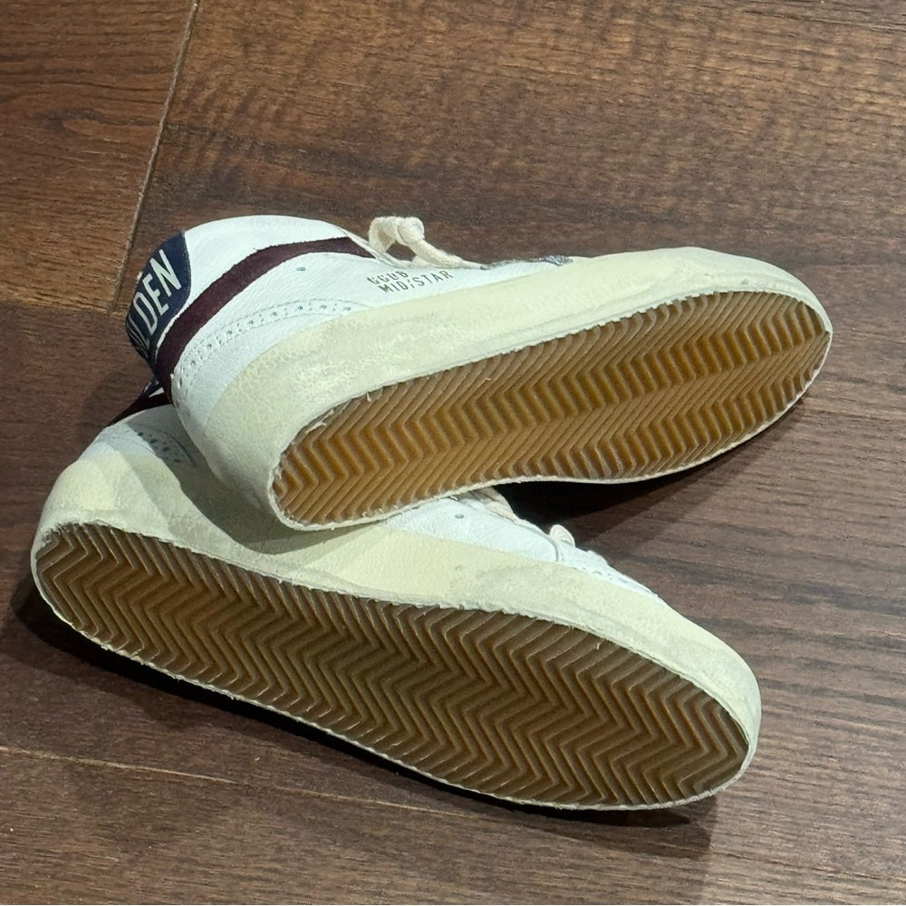 NWT Golden Goose MidStar Classic Sneakers Glitter Silver, White & Wine Size 38/8