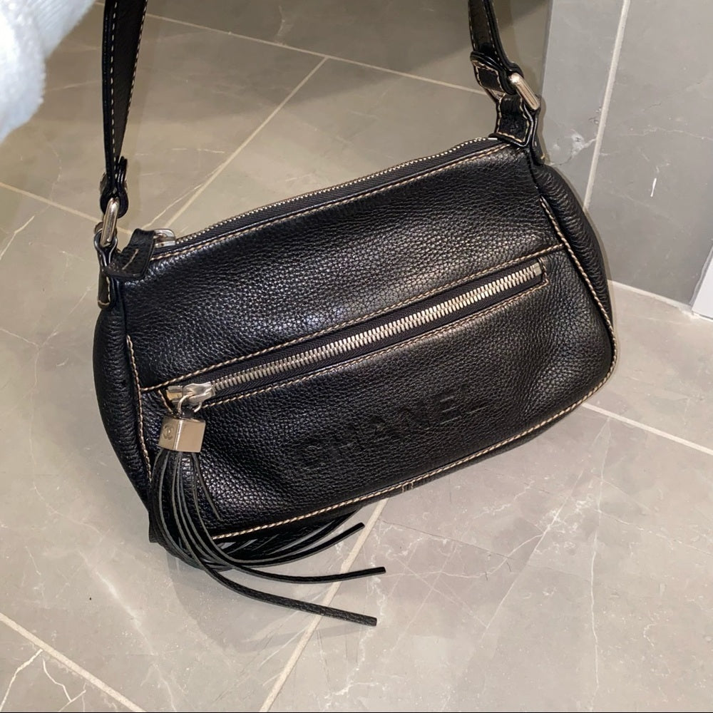 CHANEL Black Leather Fringe Handbag