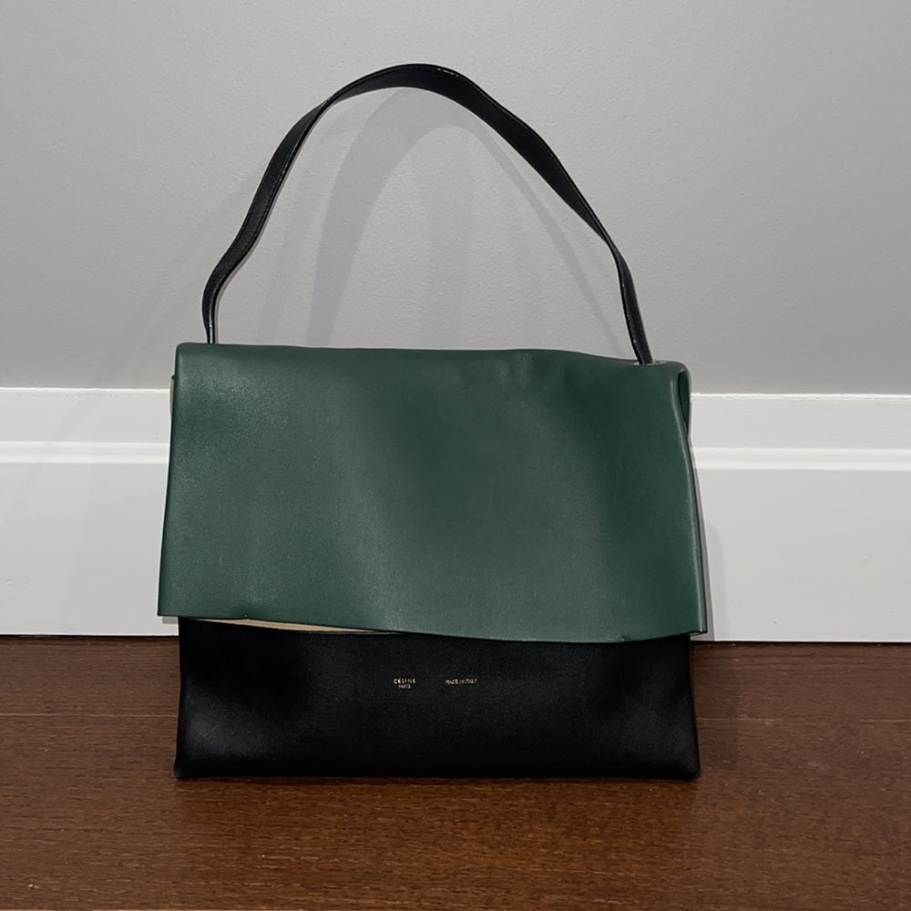 CELINE Women’s All Soft Green and Black Leather and Suede Shoulder Bag w/ Pouch