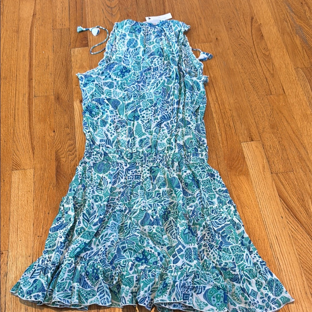 NWT Poupette St. Barth Floral Sleeveless Ruffle Dress Cinched Waist Women’s L