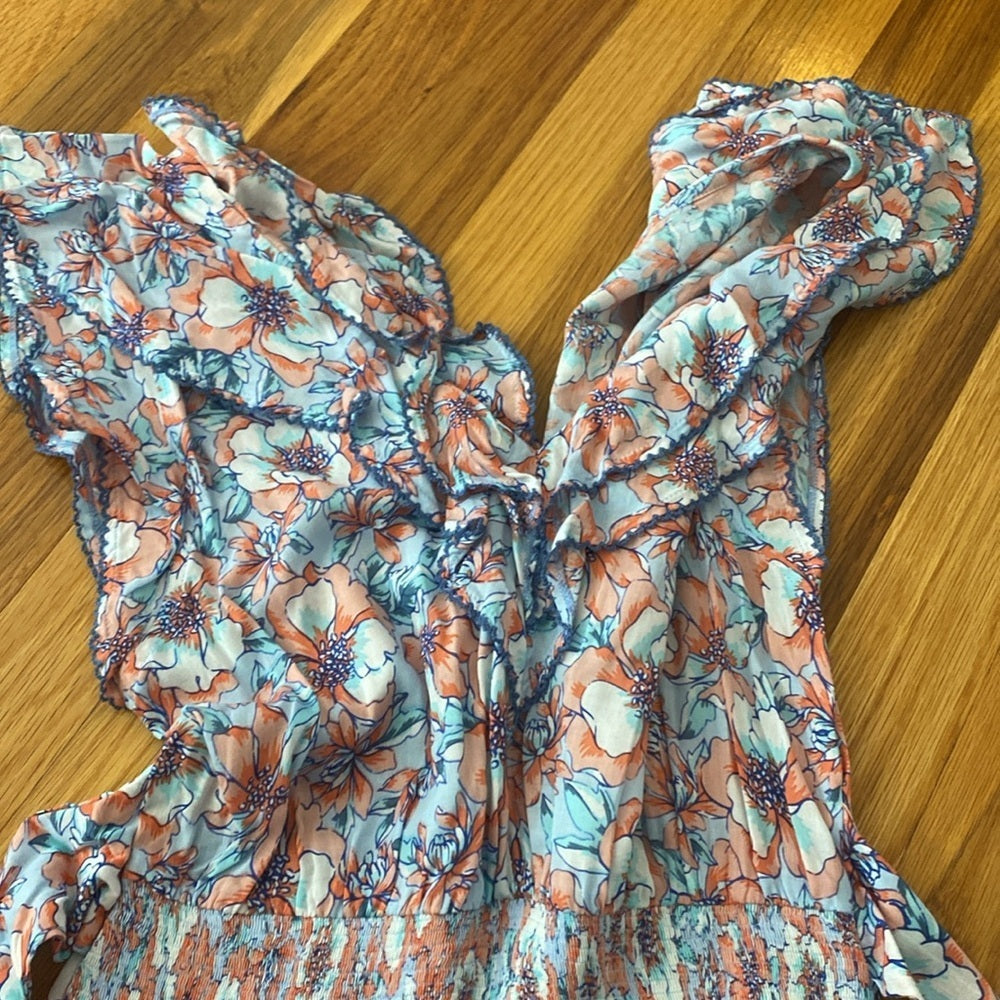 Poupette St Barth Women’s Blue and Pink Floral Printed Maxi Dress Size S
