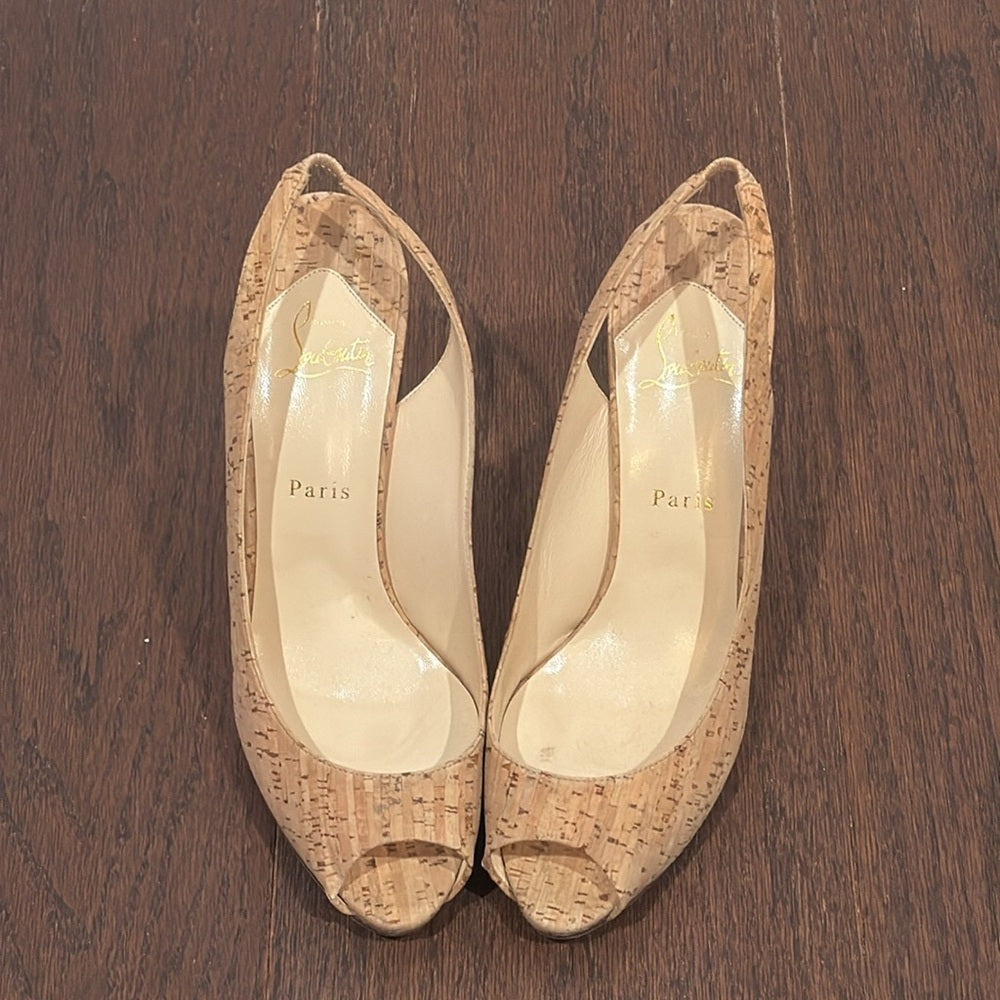 Christian Louboutin Beige Cork Peep Toe Pumps Size 40.5/10.5