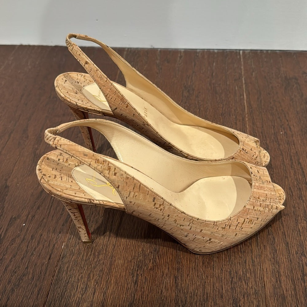 Christian Louboutin Beige Cork Peep Toe Pumps Size 40.5/10.5
