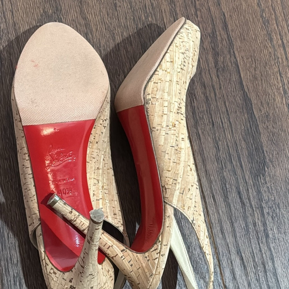 Christian Louboutin Beige Cork Peep Toe Pumps Size 40.5/10.5