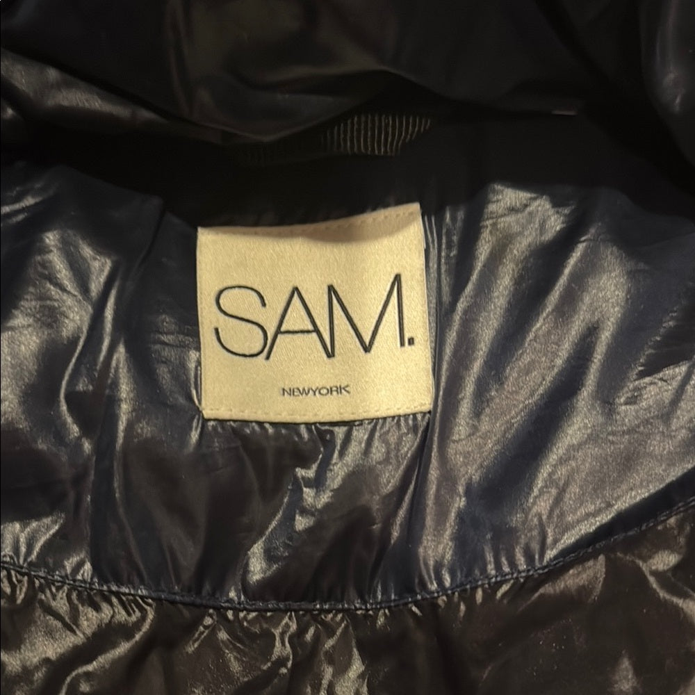 SAM Navy Long Puffer Jacket with Belt Women’s Size Small