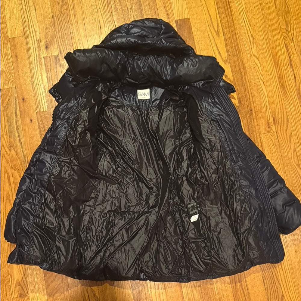 SAM Navy Long Puffer Jacket with Belt Women’s Size Small