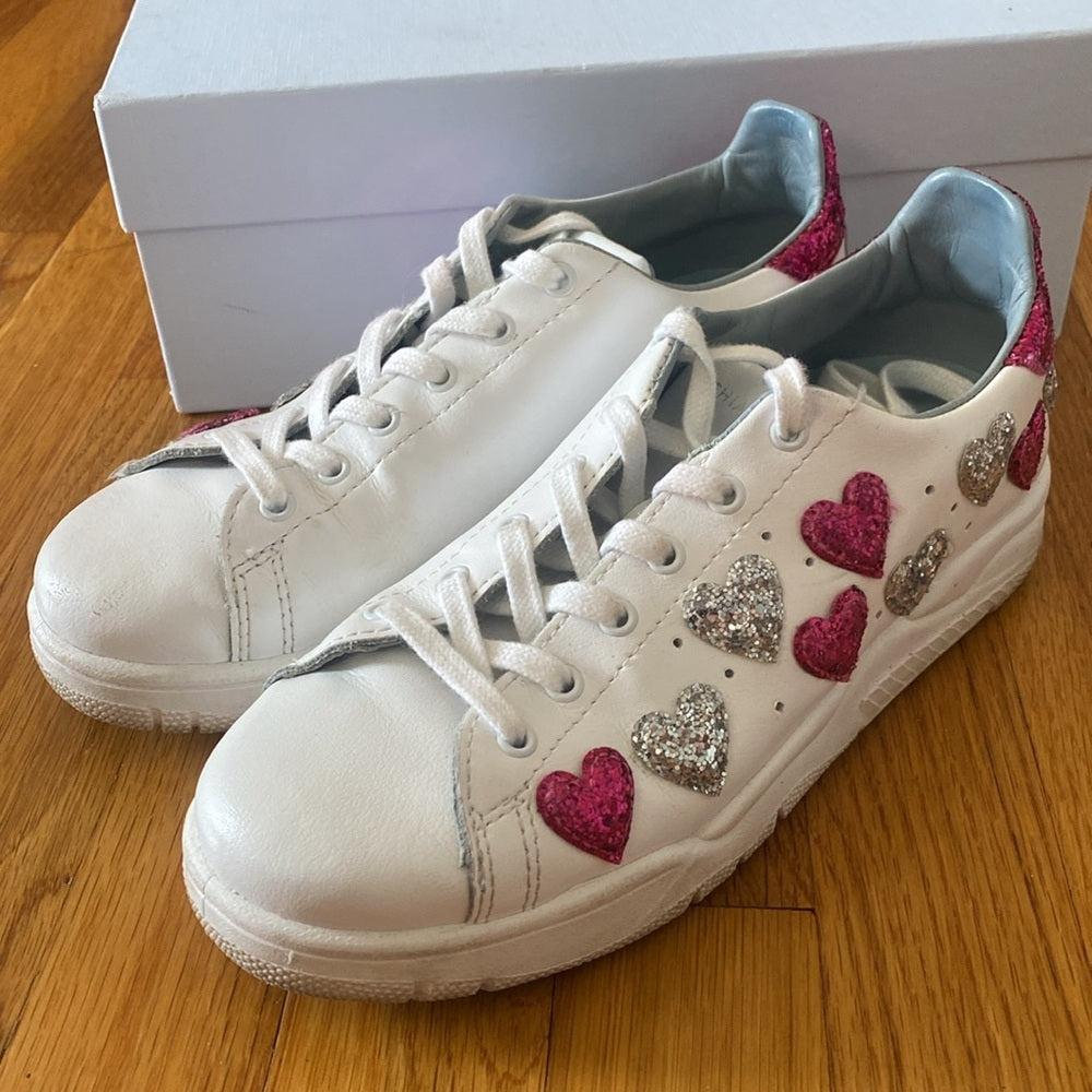 Chiara Ferragni Women’s White Sneakers With Pink Sequin Hearts Size 39