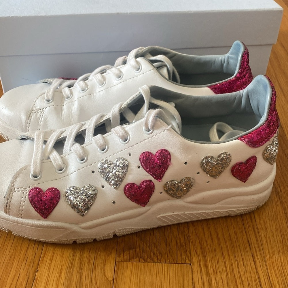 Chiara Ferragni Women’s White Sneakers With Pink Sequin Hearts Size 39