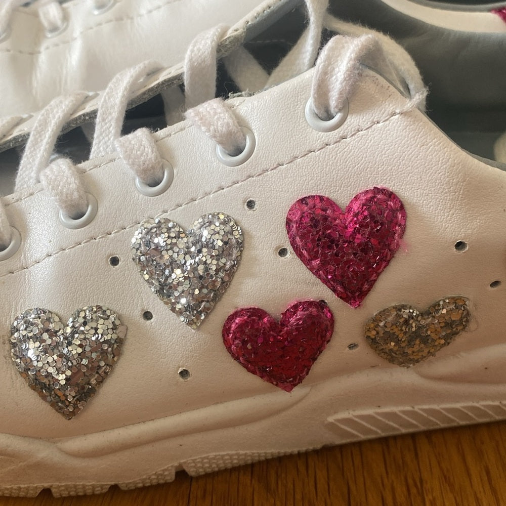 Chiara Ferragni Women’s White Sneakers With Pink Sequin Hearts Size 39