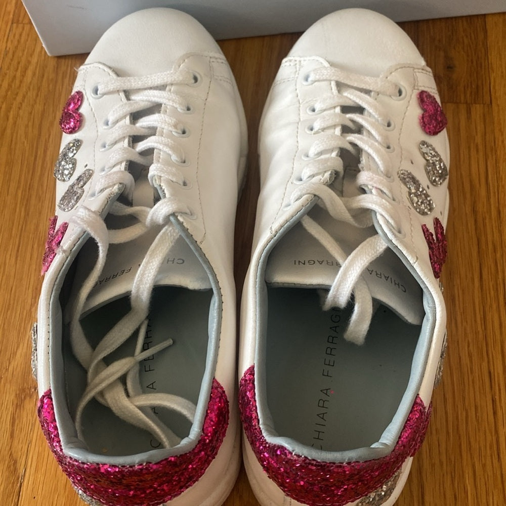 Chiara Ferragni Women’s White Sneakers With Pink Sequin Hearts Size 39