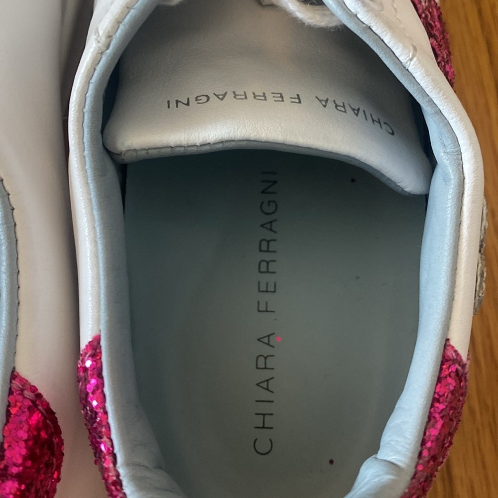 Chiara Ferragni Women’s White Sneakers With Pink Sequin Hearts Size 39