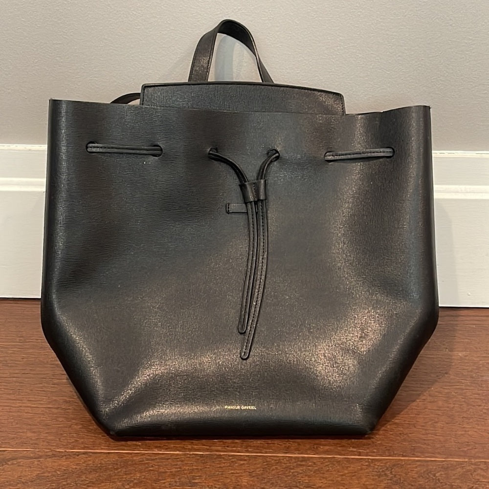 Mansur Gavriel Drawstring Black Leather Backpack