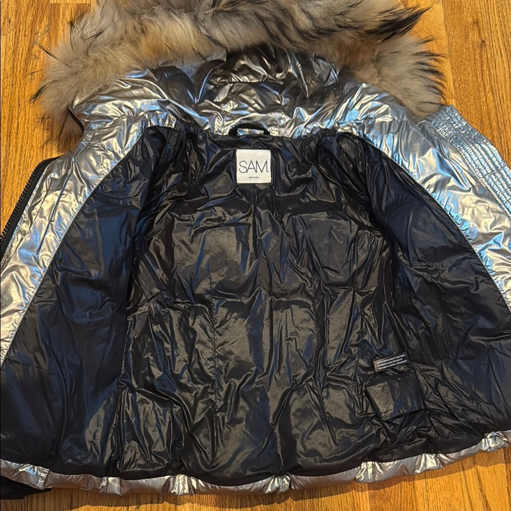 SAM Metallic Silver Jacket with Fur Trim Kids Size 6