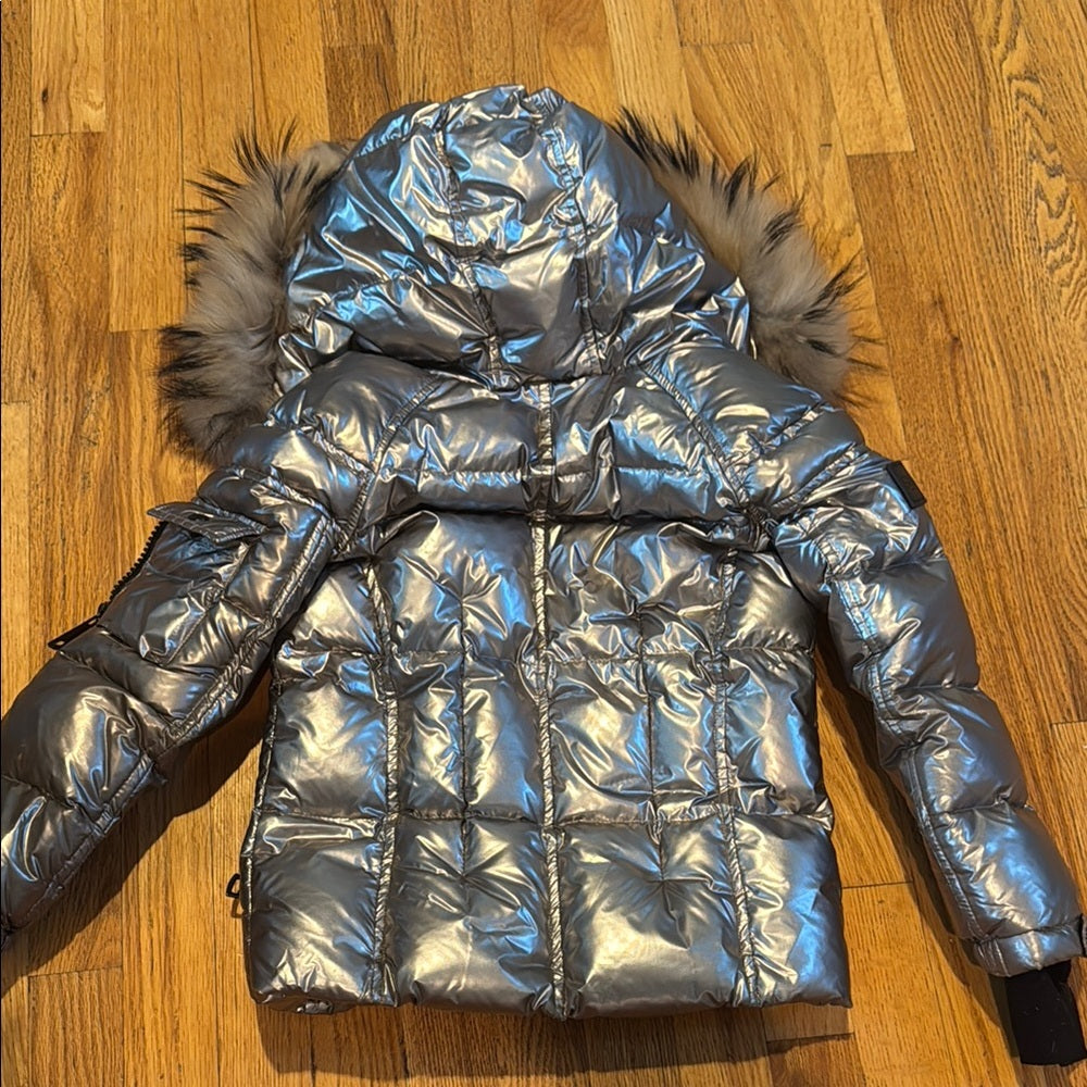 SAM Metallic Silver Jacket with Fur Trim Kids Size 6