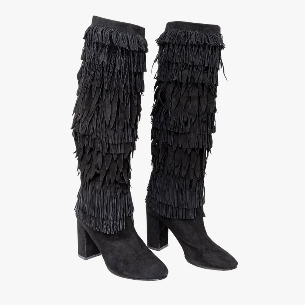 Aquazzura Woman’s Black Fringe Heeled Boots Size 41
