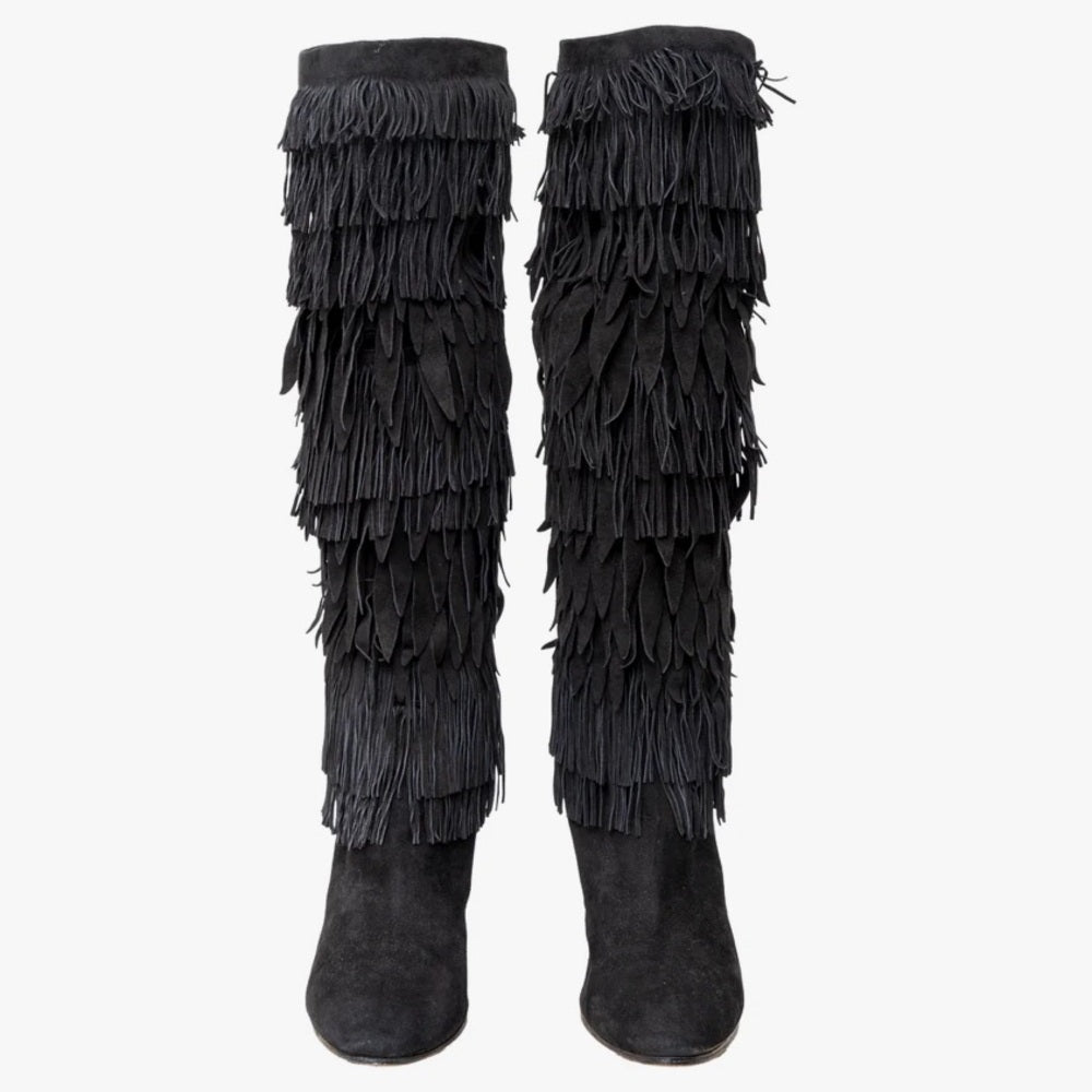 Aquazzura Woman’s Black Fringe Heeled Boots Size 41