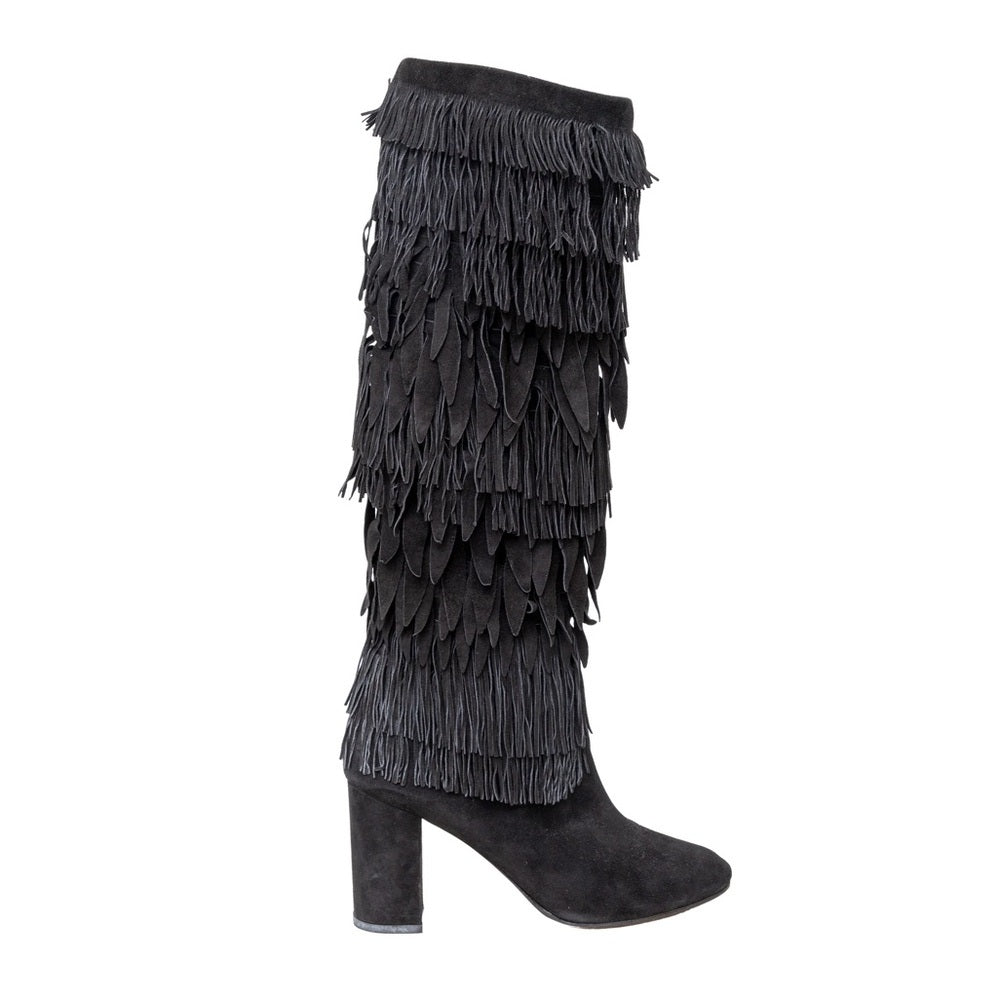 Aquazzura Woman’s Black Fringe Heeled Boots Size 41