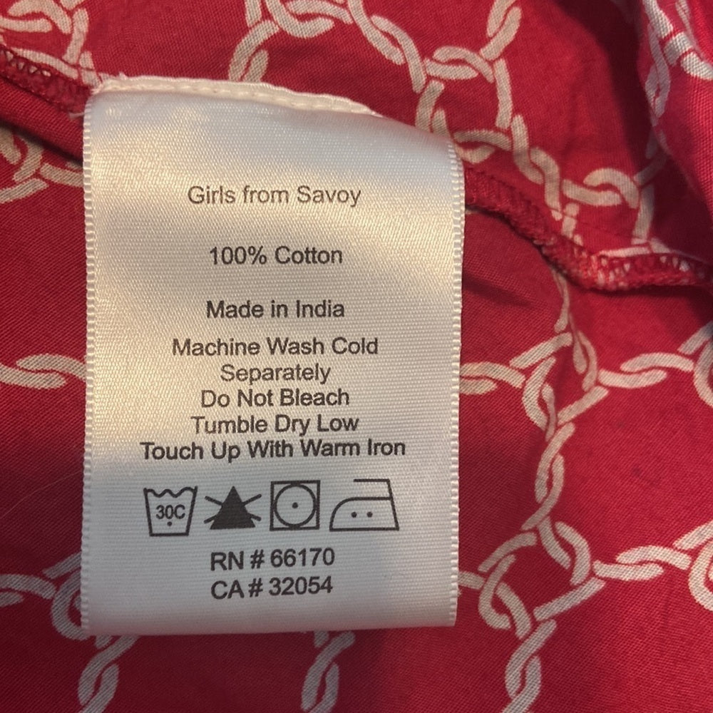 Women’s Girls from Savoy top. Red with pattern. Size 6
