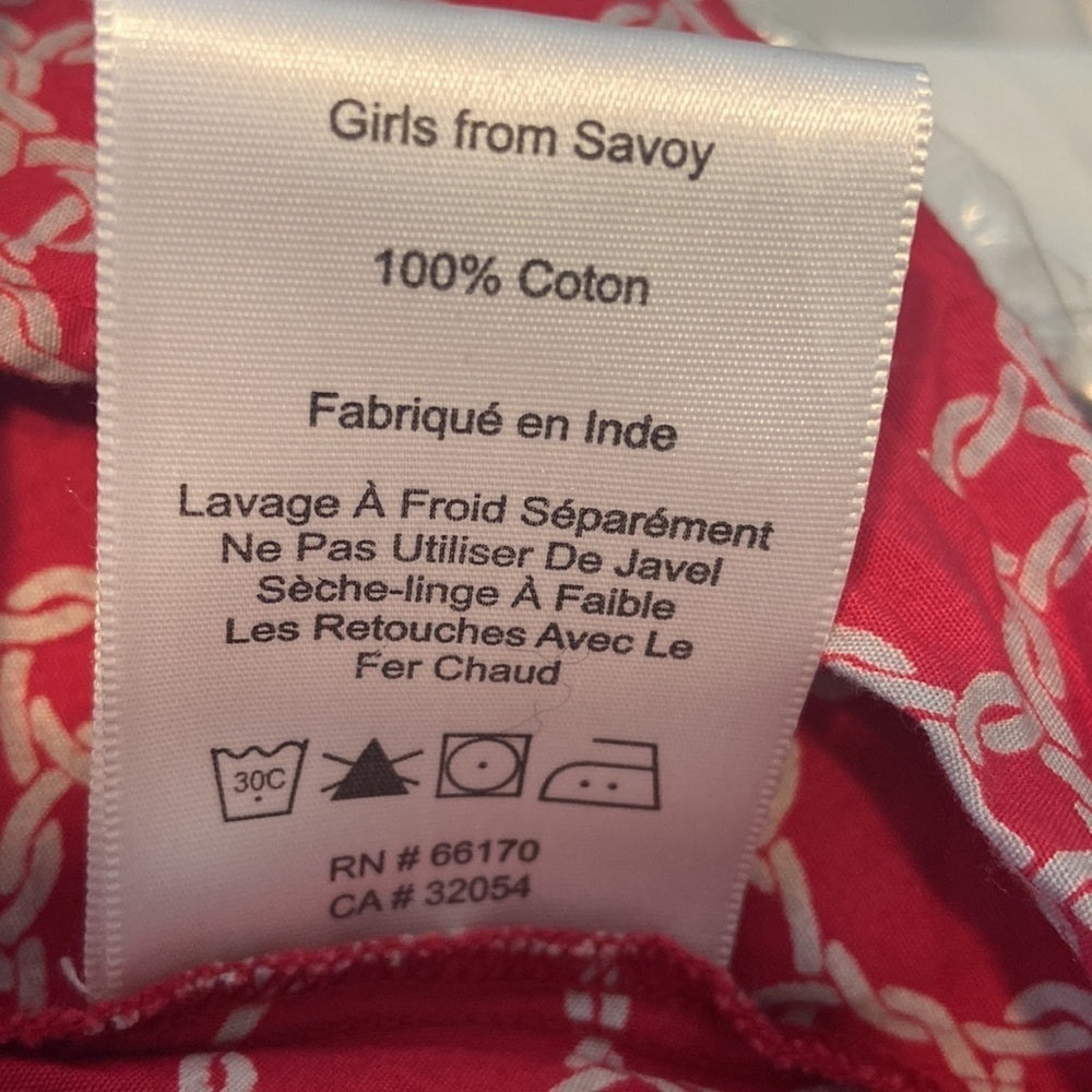Women’s Girls from Savoy top. Red with pattern. Size 6