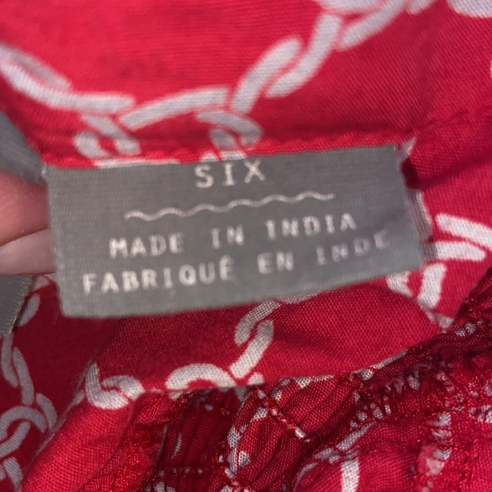 Women’s Girls from Savoy top. Red with pattern. Size 6
