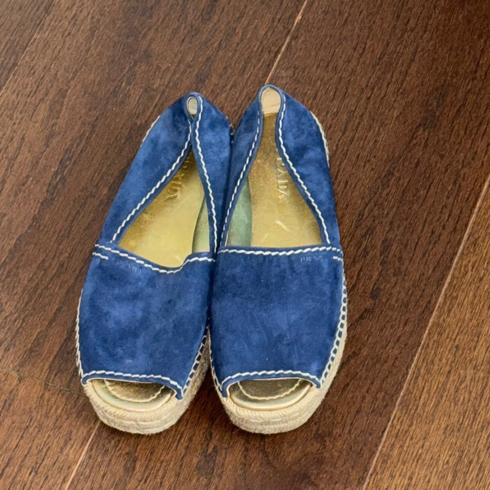 Prada Women’s Blue Suede Blue Espadrille Slip-On Peep Toe Shoes Size 39/9
