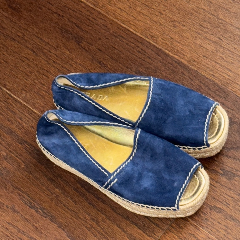 Prada Women’s Blue Suede Blue Espadrille Slip-On Peep Toe Shoes Size 39/9